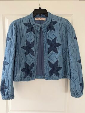 Free People Two-Tone Blue Quilted Floral Crop Jacket